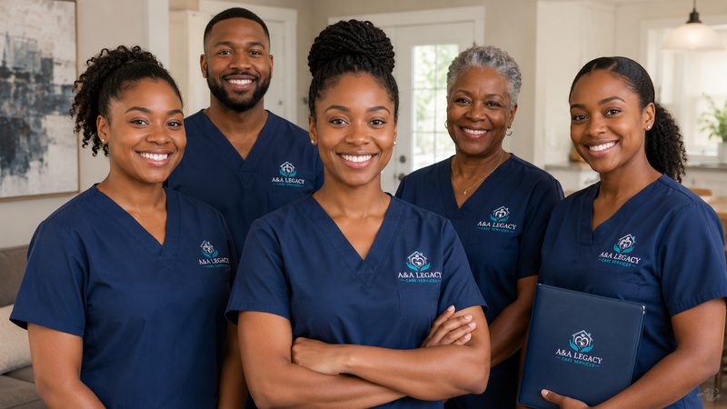 Caregivers from the agency, in uniform, in a client's living room