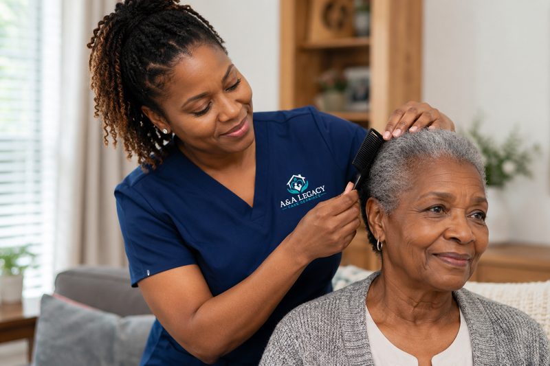 A caregiver brushing an older woman's hair while they talk.