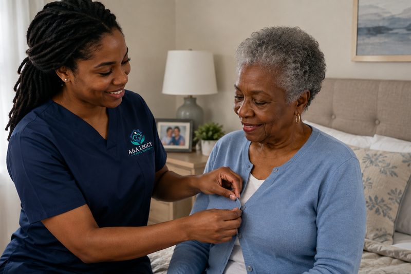 A caregiver helping a woman fasten her cardigan in her bedroom.